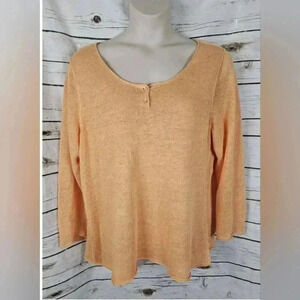 Eileen Fisher Orange Sherbet Sweater Top 100% Linen Beachy Henley Long Sleeves
